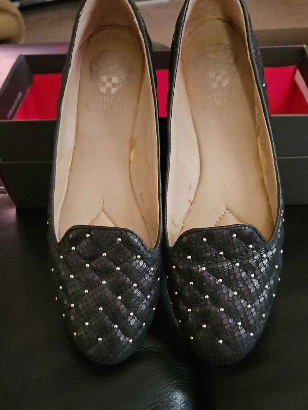 Black Quilted Slip-On Flats with Stud Detail
